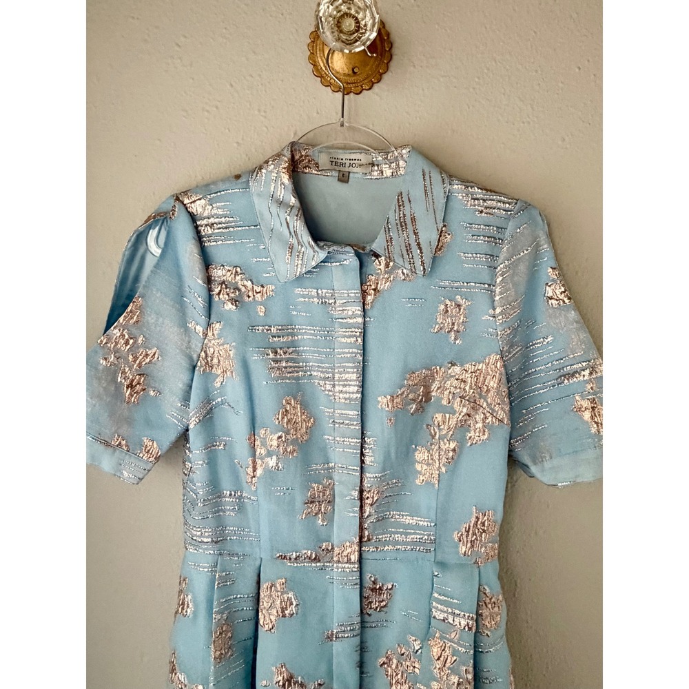 Rickie Freeman Teri Jon Blue Rose Gold Metallic Jacquard Shirtdress Sz 6